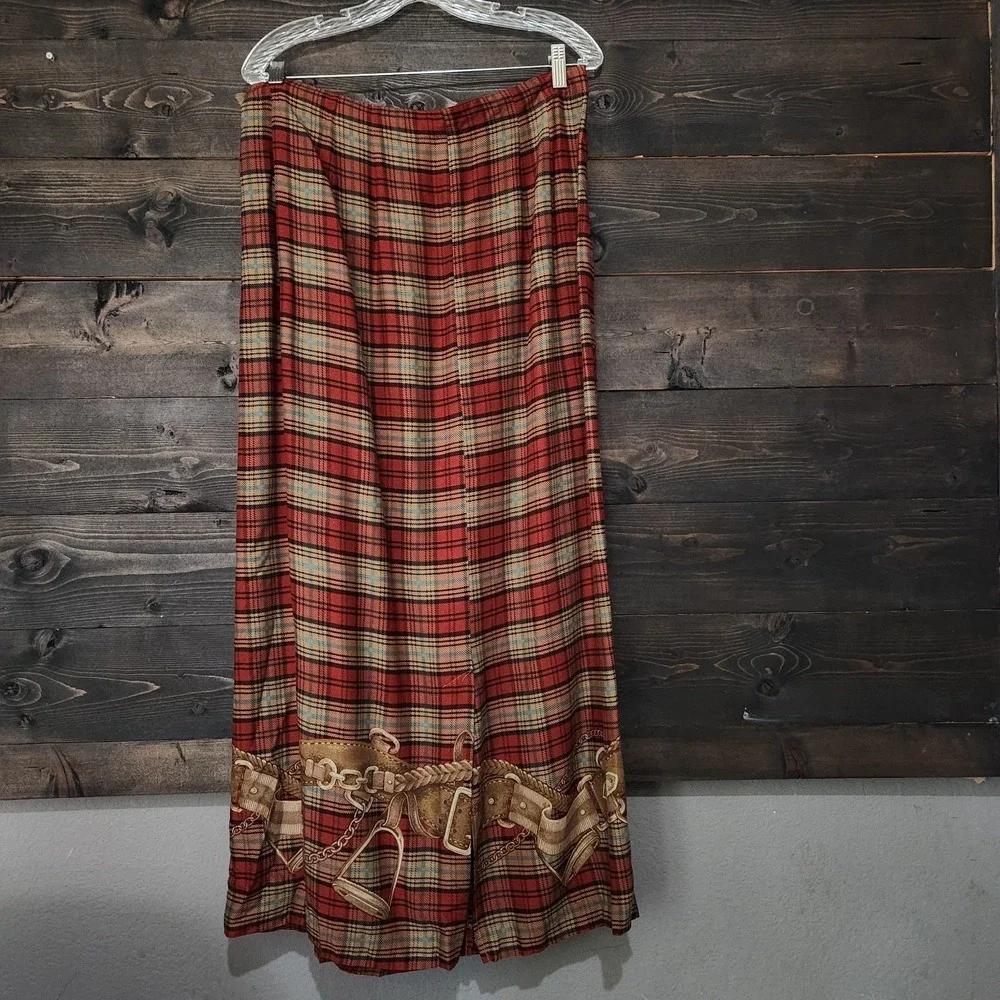 Vtg Stonebridge 1990s Plaid Belting Equestrian Academia Wrap Maxi Skirt sz 14